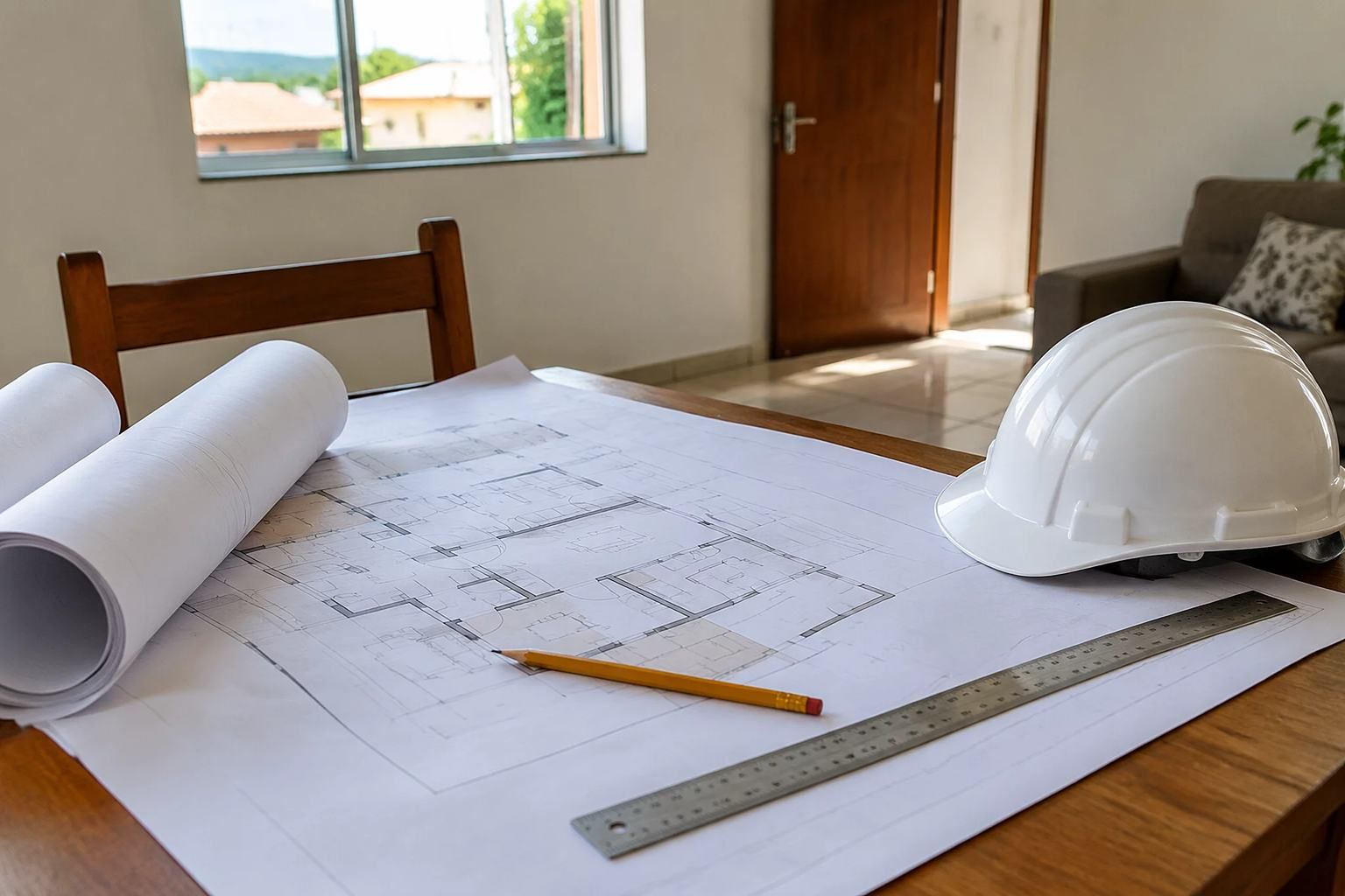 Planta da obra e capacete